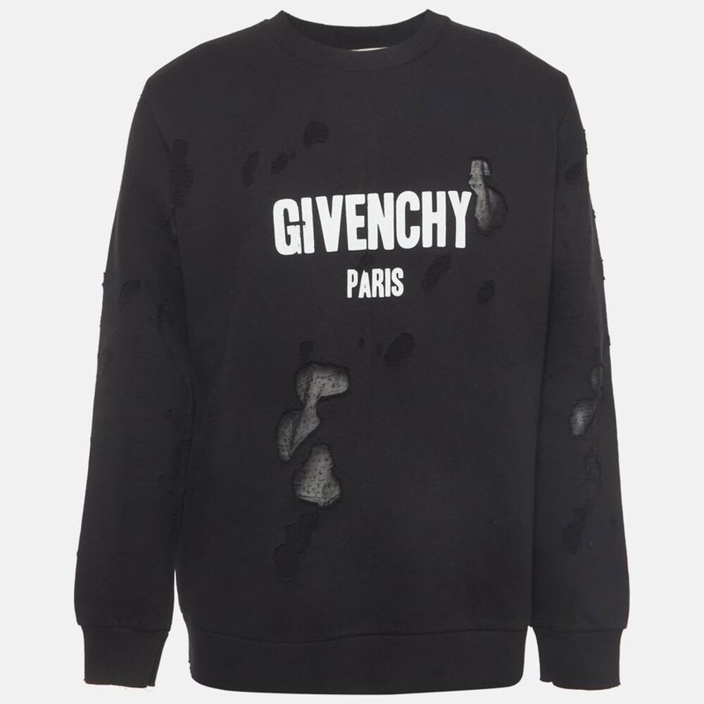 Givenchy Black Logo Graphic Cotton Knit Distressed Sweatshirt L
